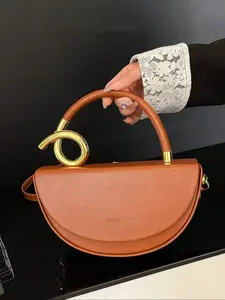 Niche design bright color semi-circular handbag, Pu leather handbag, creative metal buckle shoulder crossbody bag, suitable for banquets, afternoon tea, street photography, Half Moon Purse, Casual Trendy Purse