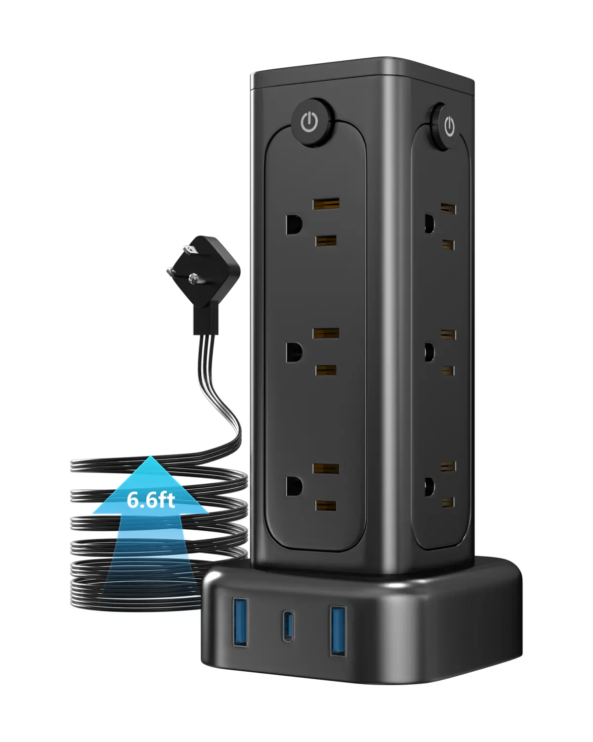 Vertical power strip with USB and Type-C, 12 AC outlets (4 sides, 3 outlets per side) with individual switches, 1250W power tower for home and office, multi-plug charging station, space-saving design