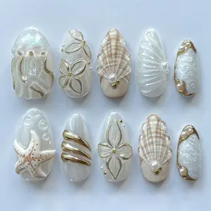 Seashell Starfish Jellyfish Mermaid Press On Nails - 3D White Gold Handmade Reusable Custom Fingernails - Gel Fake Nails - Glue on Nails N03