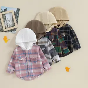 Boys Autumn Casual Hooded Coat Long Sleeve Button Down Plaid Outerwear With Pockets Organic Cotton Long Sleeve