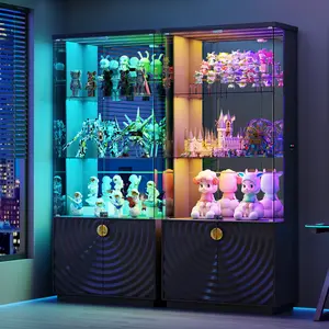 71'' Display Cabinet - with 3-Color Lights for Collectibles, 4-Tier Curio White Cabinet with Glass Doors,Lockable Glass Display Case with Human Body Sensor,Tall Bookcase with Shelves & Door Panel