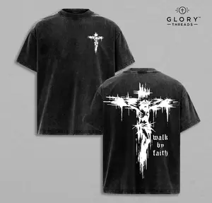Walk by Faith Cross Double Printed Vintage Washed Tee, Unisex Oversized Heavyweight Cotton T-shirt for Christian Streetwear Grunge Aesthetic Bible Verse Church Outfit Gym Pump Cover