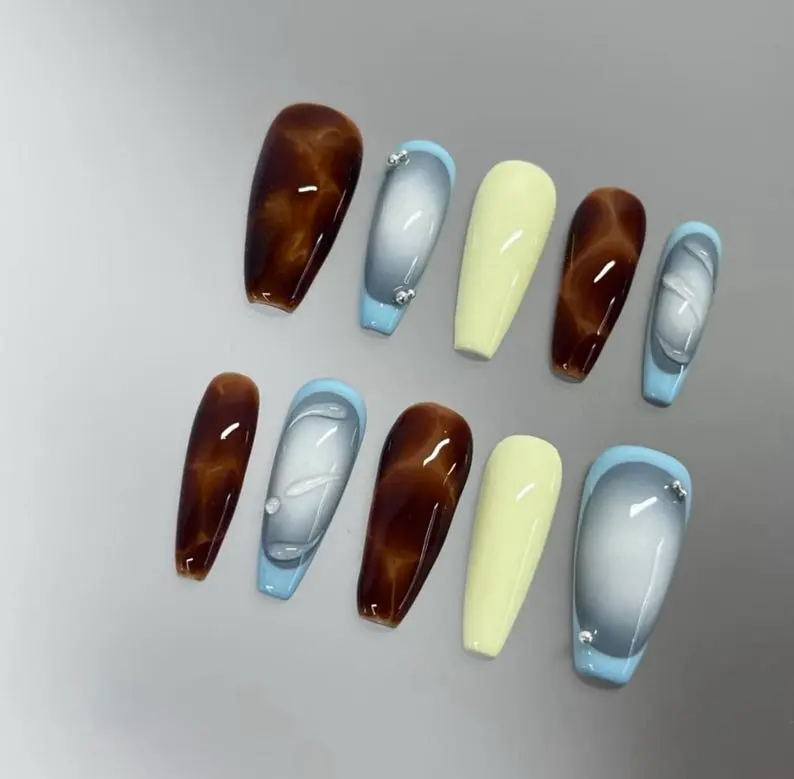Tortoise Shell Water Droplet Press On Nails Tiger Print Gel Faux Acrylic Nails