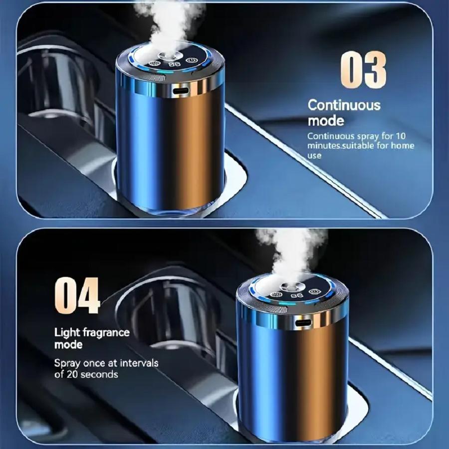 This smart car fragrance diffuser combines an air freshener, aromatherapy diffuser, humidifier, starry sky projector, and ambient lighting into one device. It can keep the air inside the car fresh for a long time