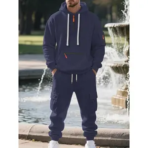 Men's Fall Winter Outfits Fleece Hoodie Cargo Pants Set for Daliy Wear, Striped Patchwork Design, Multi-Pocket Casual Sportswear Essentials