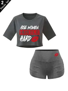 Y2K Style Colorblock Print Round Neck Crop Top, High Waist Elastic Waist Shorts Set, Fashionable Sexy Women's Womenswear