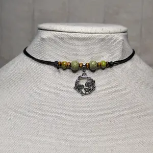 Mushroom Leaf Framed Ceramic Beaded Boho Hippie Whimsical Adjustable Black Rope Cord Choker Stacking Necklace jewelry