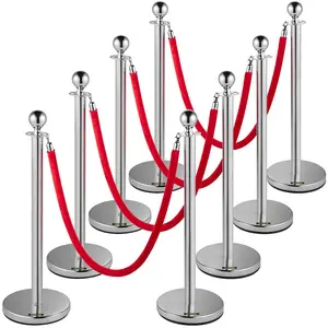 summervibes 8-Piece Silver Crowd Control Stanchion Barrier Set with 5ft/1.5m Red Velvet Rope (5ft rope length) and Sturdy Concrete-Metal Bases