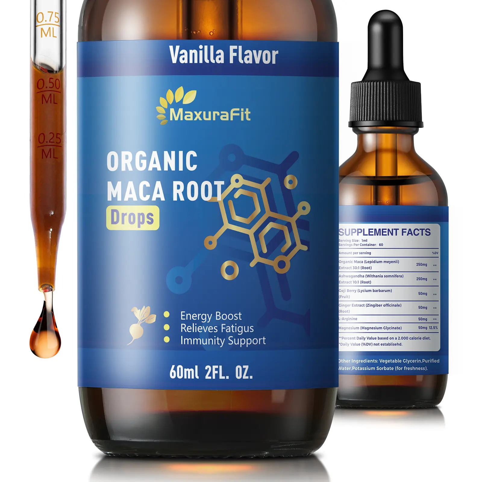 Maxurafit Natural Dietary Herbal Supplement Liquid Drops - Maca Root, Ashwagandha, Goji Berry, Ginger Extract, L-Arginine, Magnesium for Enhanced Energy, 2 fl oz