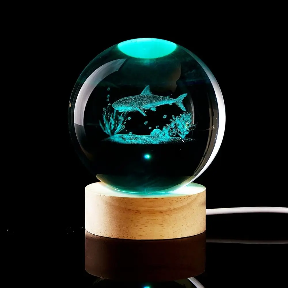 60mm 3D Laser Engraved Shark Crystal Ball Night Light with Colorful Light Base, Home Office Decoration, All Ages Shark Gift for Christmas Birthdays