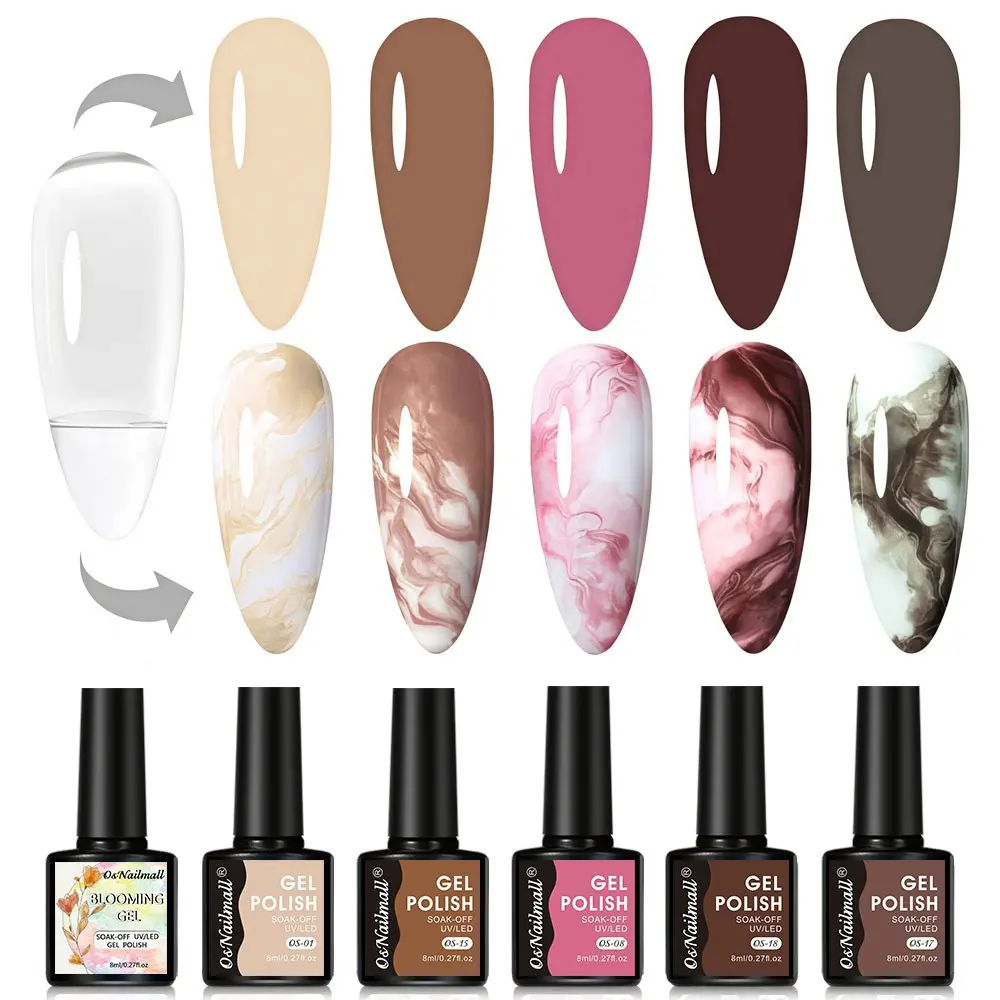 OsNailmall 6pcs/set Clear Nail Blooming UV Gel Polish, LED Marble Watercolor Floral Print, Soak off Nail Gel Kit for Home Salon Manicure Art DIY