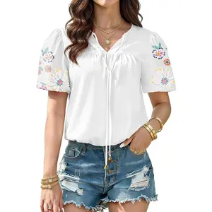 Short Sleeve Blouses for Women Boho V Neck Puff Sleeve Flowy Floral Peasant Shirts Loose Fit Tie Front Tunic Tops