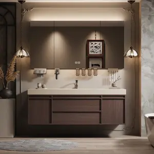 Modern French Retro Solid Wood Bathroom Vanity with Single & Double Sink, Integrate Sintered Stone Countertop Basin, Smart LED Mirror/Mirror Cabinet
