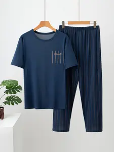 Men's Spring Summer Thin Pajama Set, Short Sleeve Long Pants Two-Piece with Vertical Stripes, Casual Homewear for Comfort, Loungewear