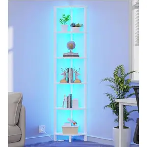 Corners Shelf with LED Light, 6-Tier Corner Bookshelf, Industrial Corner-Ladder Shelf, Modern Display Shelf for Living Room, Bedroom, Kitchen, Home Office, Sturdy Frame, White UJSJ002W