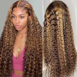 Nerkre TiktokShop Highlight Ombre 13x6 Lace Front Wig Human Hair 180% Density Highlight Deep Wave wig Curly Highlighted Wig Human Hair #4/27 Honey Blonde Deep Wave Wig Human Hair Curly Ombre Wig for Women