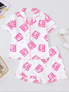 Children's Pink Six seven 67 Digital Printed Children's Pajama 2-piece Set, New Flame Retardant Collar Shirt Short Sleeve and Elastic Waist with ruffle design Shorts Casual Set, Pink and White Full Print Six seven Digital Paired with Star Printed Pajamas,