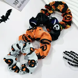 Halloween Themed Hair Ties and Scrunchies Set, Unisex Elastic Hair Accessories with Cute Pumpkin-Skull Print, Fashion Hairbands for Women, Ideal for Holiday Parties & Cosplay