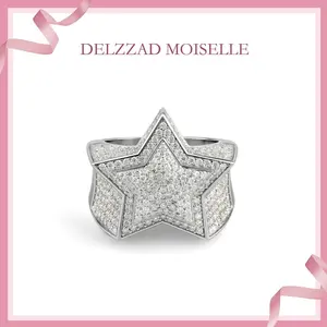 Delzzad Bling Pentagram Ring Round VVS Synthetic Moissanite S925 Unisex Hip Hop Iced Out Stars Ring Band Perfect for Any Occasion & Everyday Wear Birthday Anniversary Mother's Day Gifts for Men Women