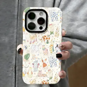 Retro Kawaii Cats with Fun Outfits Vintage 70s Floral Phone Case , Shockproof Rugged Cover Dual Layer Soft TPU Hard Bumper Shell for iPhone 11 12 13 14 15 16 17 Pro Max Plus  Cute Animal Lover Gift
