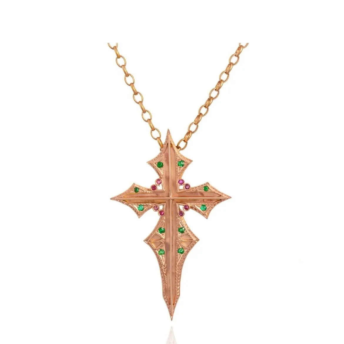 Gold With Ruby & Emerald Cross Necklace