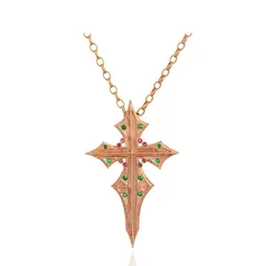 Gold With Ruby & Emerald Cross Necklace