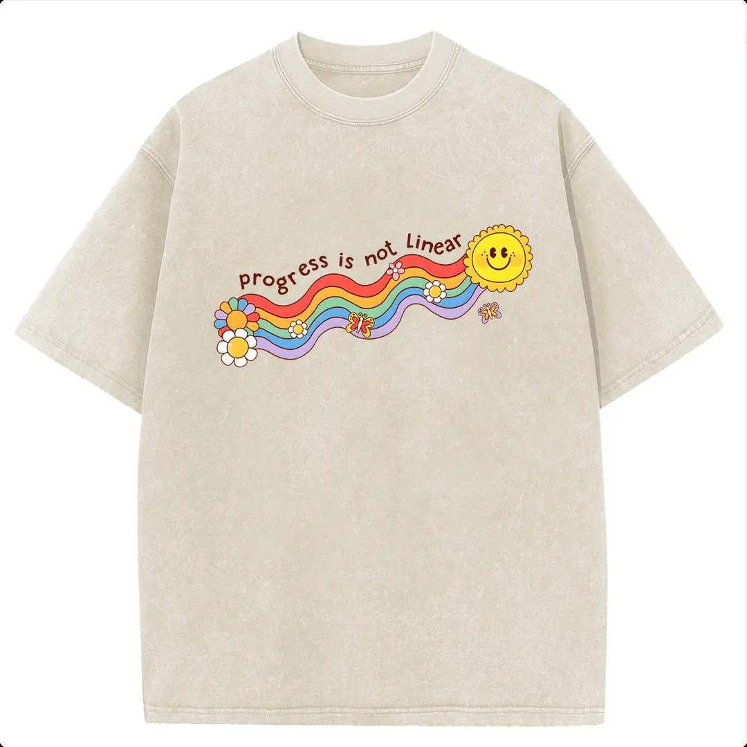 Sunland Vintage "Progress is not Linear" Rainbow Floral Washed T-Shirt, Retro Inspirational Slogan Graphic Tee, Casual Loose Short Sleeve Top 2026 New Color Scheme summervibes
