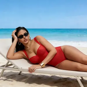 Women's Red Tummy Control One Piece Swimsuit | 2026 Trending Lace-Up Back Bathing Suit | Push Up Bust Support, High Cut Cheeky Fit | Stretch Fabric, Quick Dry | Perfect for Beach, Pool Party, Vacation & Date Night tie bikini Classic Color Bikini Set