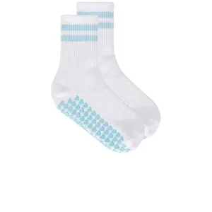 WellBeing + BeingWell Striped Half Crew Grip Sock in White & Ice Blue