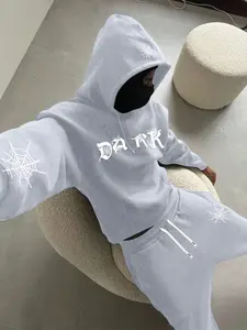 Men's Black Hoodie and Pants Set American Street Style Crossed Spider Letter Print Casual Slight Stretch Detailed Pockets Long Sleeve Menswear Suits Clothes Gamis