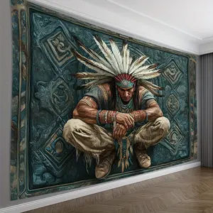 1 Vintage-Style 3D Wall Art Tapestry with Native American Warrior Design - Polyester, No Power Needed - Ideal for Living Room, Bedroom, Office, Party Decor - A Unique Creative Gift Poster Decoration