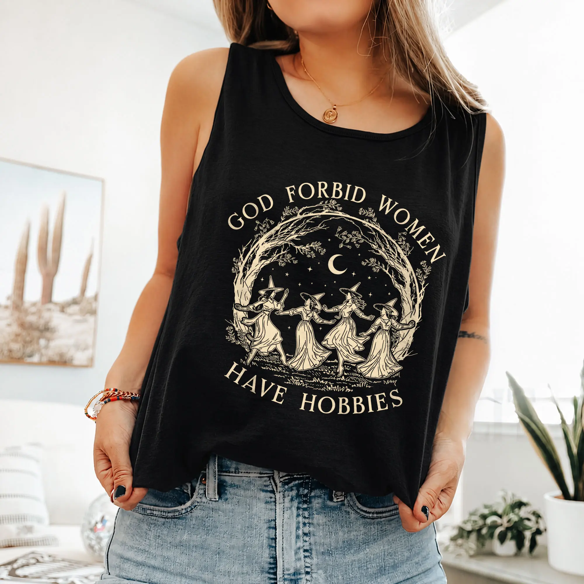 God Forbid Women Have Hobbies Tank Top, Halloween Witch Graphic, Feminist Witch Apparel, Salem Witch 1692 Design, Spooky Season Cottagecore