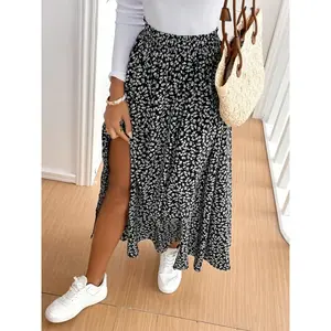 Spring and summer women's long skirt, high waisted skirt, bohemian print, small flower slit thigh skirt, casual business multifunctional dressRAIMENTRY