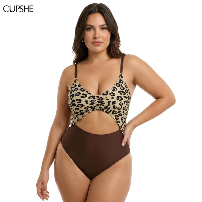 CUPSHE Leopard Top Brown Bottoms,V Neckline,Cutout One-Piece Monokini Stylish Beachwear Drawstring Back High Waisted Swimwear Summer Swimsuit Beach Bathing Suit