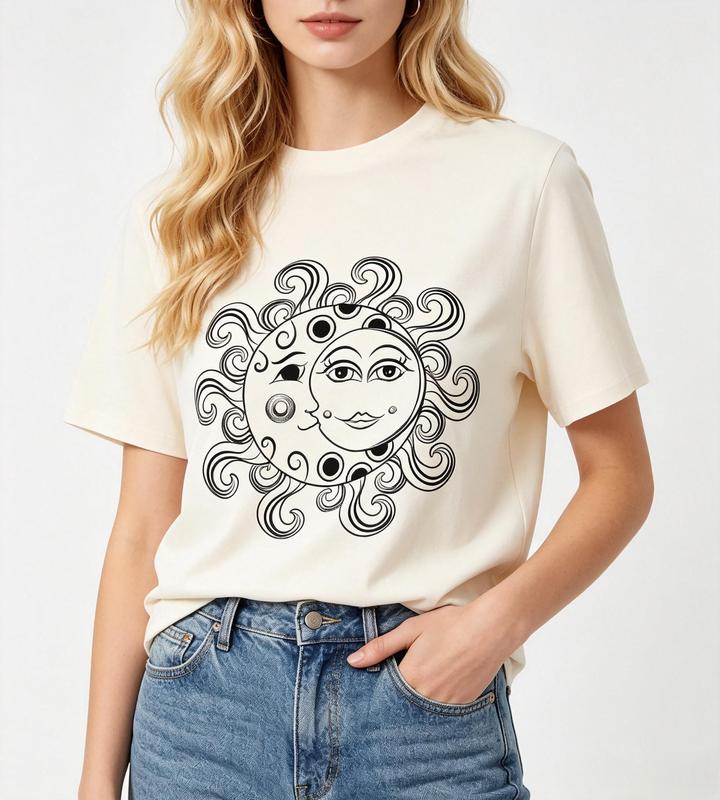 Women's Boho Sun And Moon Line Art Celestial T-Shirt - Beige, Crew Neck, Short Sleeve, Lightweight Pure Cotton, Fitted Cut, Casual Graphic Tee, Cap Sleeve Women's T-Shirts #sohochic
