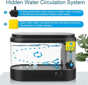 AQQA Aquarium Kit 1.8 Gallon Small Betta Fish Tank with Adjustable LED Lighting (9 Colors) Internal Filter Pump and Air Purification Aromatherapy Function for Home Office (Black)