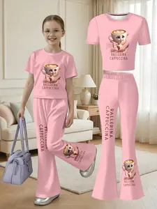 Girls' Solid Pink Color Scheme "BALLERINA CAPPUCCINA" Coffee Cup Ballerina Print Short Sleeve Flare Pants Set