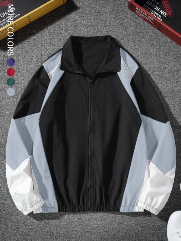 Men's Colorblock Zip Up Jacket, Regular Fit Casual Long Sleeve Outerwear for Spring & Fall, Fashion Men's Clothes for Daily Wear Tops