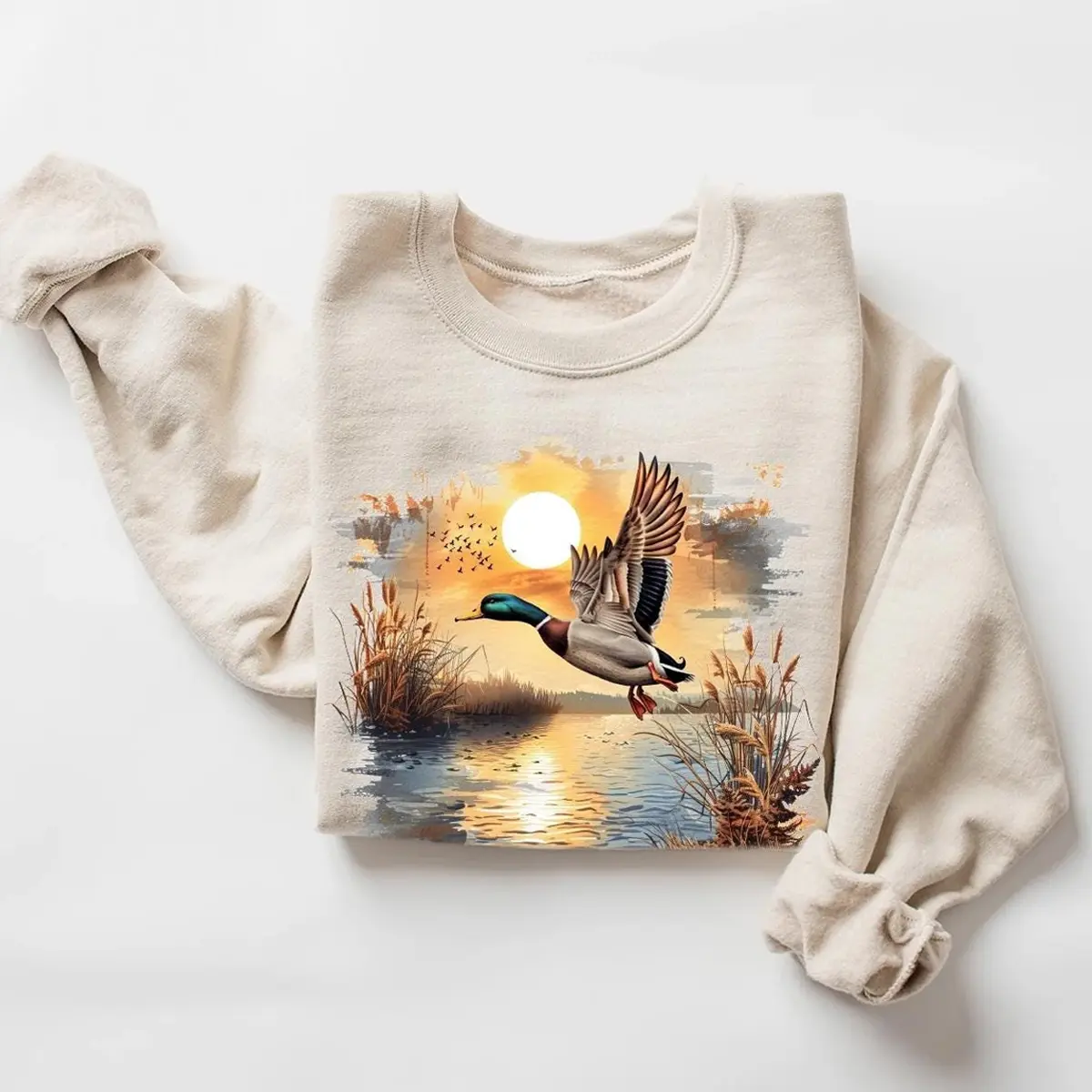 Retro Mallard Ducks Fall Pond Scene Sweatshirt, 90s Waterfowl Duck Forest Nature Outfit, Boho Unisex Crewneck Sweatshirt, Funny Duck Sweater