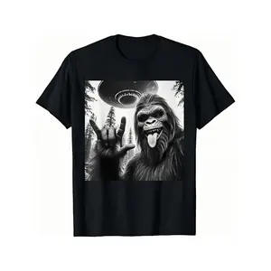 [100% Cotton] T - Shirt With Bigfoot Making Rock Sign And UFO Graphic, Blending Cryptid Mystery And Fun Vibe, Unique Casual Wear T-Shirt For Men And Women