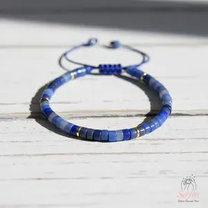 Sofia Natural Blue Aventurine Stone Bracelet Healing Crystal Barrel Gemstone Braided Dainty Adjustable Minimalist Style Gift for Her Him