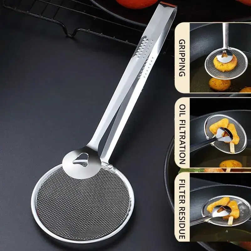 1pc Stainless Steel Handheld Multi-functional Creative Kitchen Strainer Utensils Filter Spoon Clip Colander Oil-Frying Clip Fried Chicken Accessories