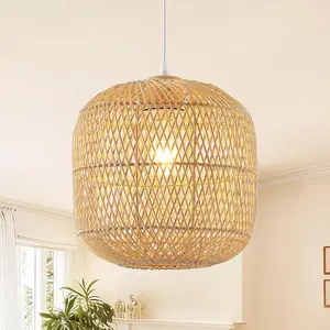 Hand-Woven Rattan Pendant Light, 11in Boho Wicker Coastal Hanging Light Fixture for Kitchen Island Dining Room Bedroom