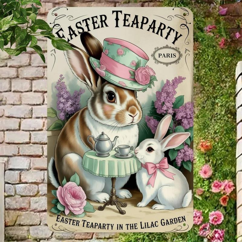 Easter Bunny Tea Party Tin Sign, Vintage Parisian Easter Rabbits Metal Sign Print Aesthetic Room Decoration for Home Bedroom Kitchen Bar Coffee Bathroom Indoor Outdoor Wall Decor, 8 X 12 in