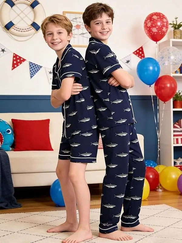 Boys' 3-Piece Soft Button-Down Short-Sleeve Pajama Set - Kids' Loungewear Sleepwear for 5-14 Years, Polyester Blend, All-Over Print  backtoschool