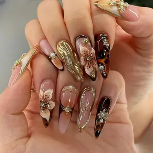 Handmade Press on Nails Coffin Almond bubble bath luxury Creative design Medium Hand drawn False Nails Fake Nails Short Almond acrylic Nail Art Kits