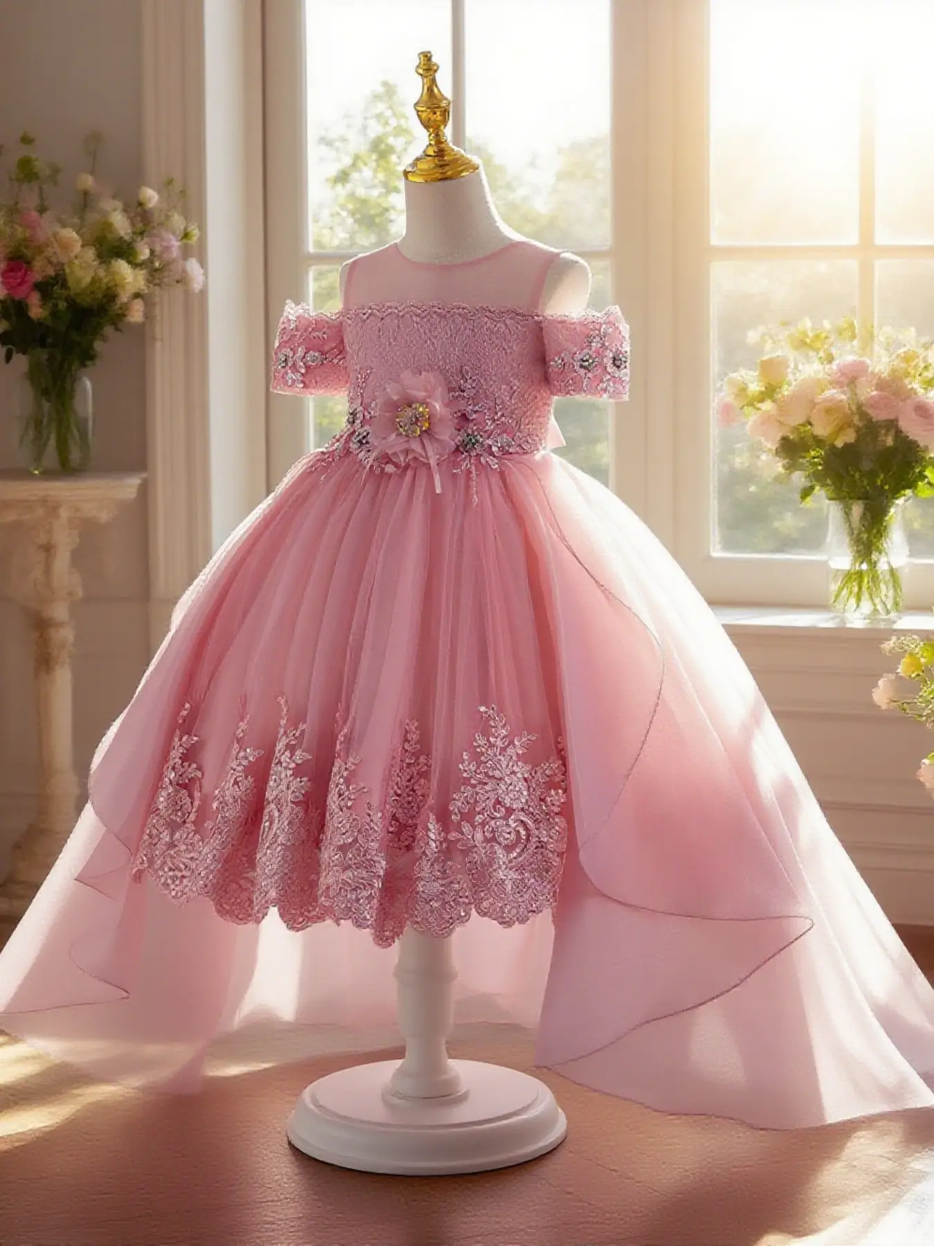 Girls' elegant dress with unique design and train beaded embroidered dress suitable for travel photo taking and important occasions