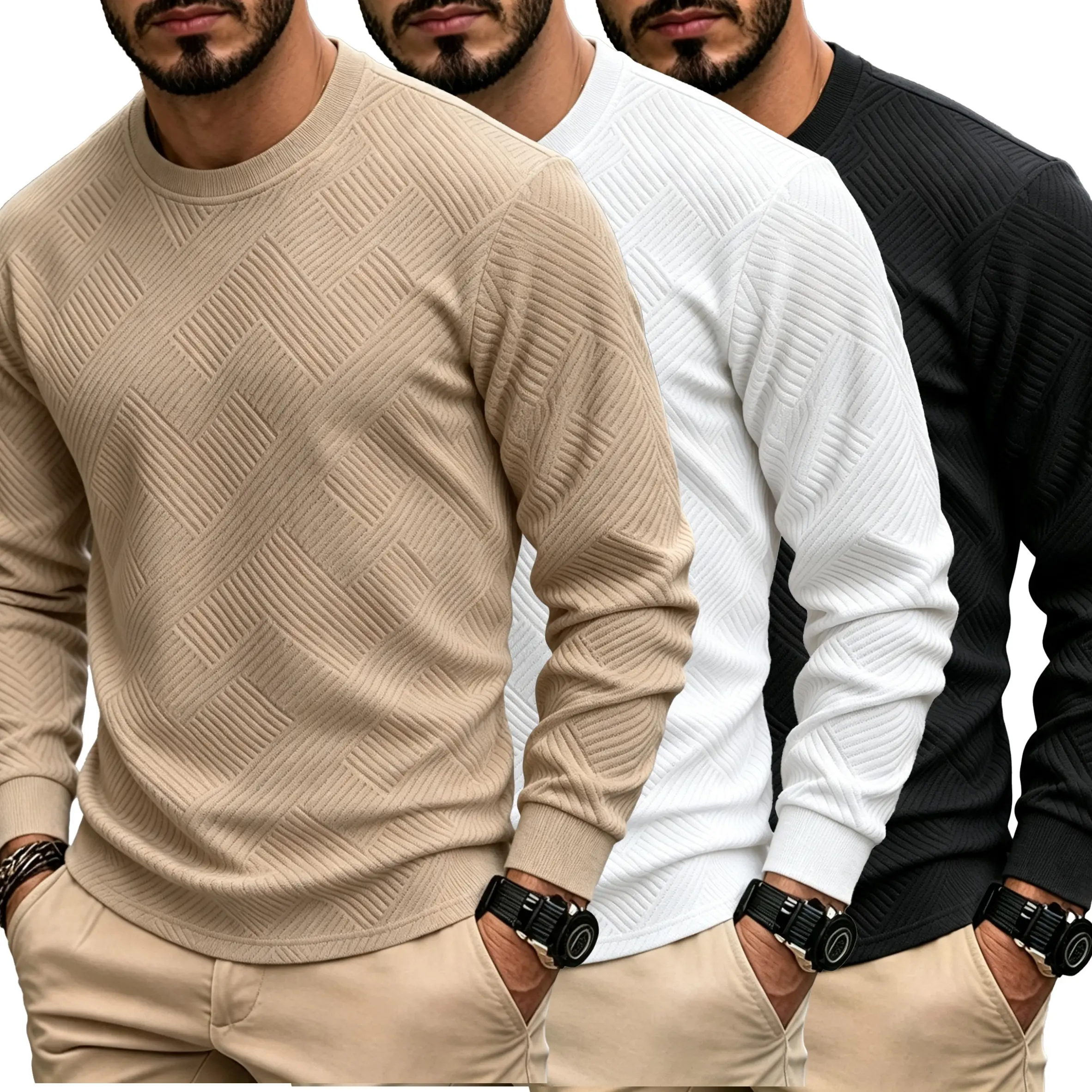 Men's Textured Geometric Crew Neck Sweatshirt, Long Sleeve Solid Casual Pullover Tops, Lightweight Soft Stretch Daily Wear Basic Round Neck Shirts for Street Walking Outdoor