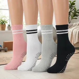 Women's Non-Slip Pilates Yoga Socks with Grippers - 4 Pairs Sticky Crew Socks for Barre, Hospital, Home Workout, Comfortable Breathable Anti-Skid Slipper Socks for Women's Fitness Activities and Daily Wear