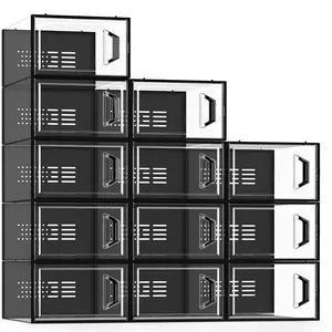 Large 12 Pack Shoe Storage Box, Shoe Organizer for Closet, Clear Plastic Stackable Shoe Boxes, Space Saving Foldable Sneaker Shoe Rack Containers Bin Holder (Black)
